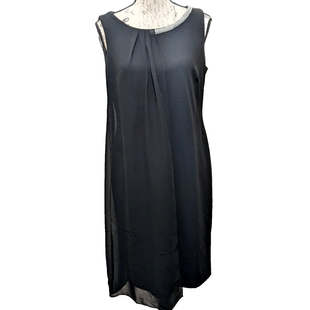 S.L. Fashions Dress Size 12 Black Rhinestone Neckline  Sheer Front Drape Nice